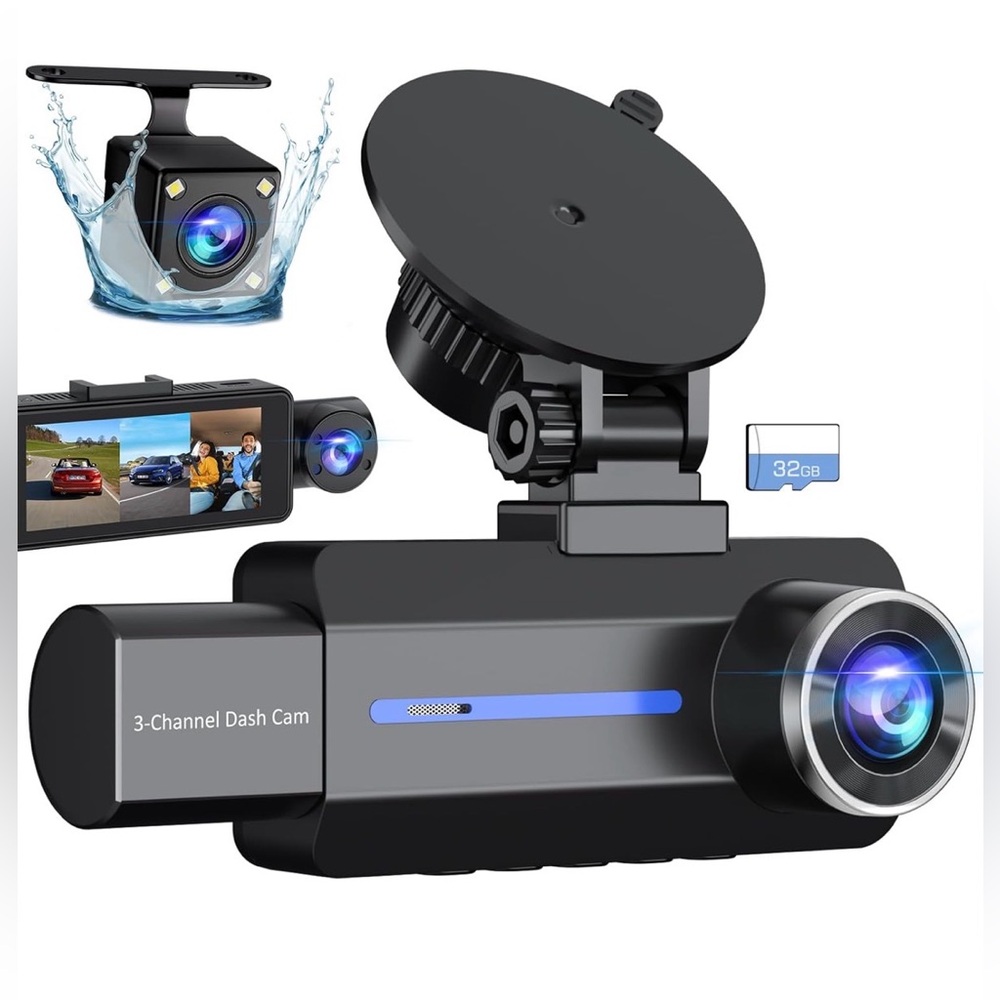 Dash Cam Front Rear 3 Channel 2.5K+1440P 32GB Card 3.16” Screen Night Vision